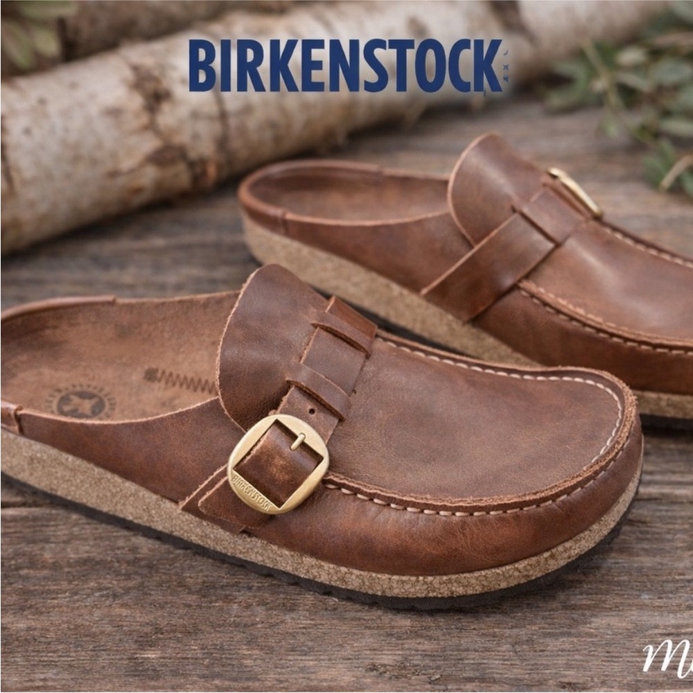 Birkenstock Brown Leather Slip-On Mules with Brass Buckle